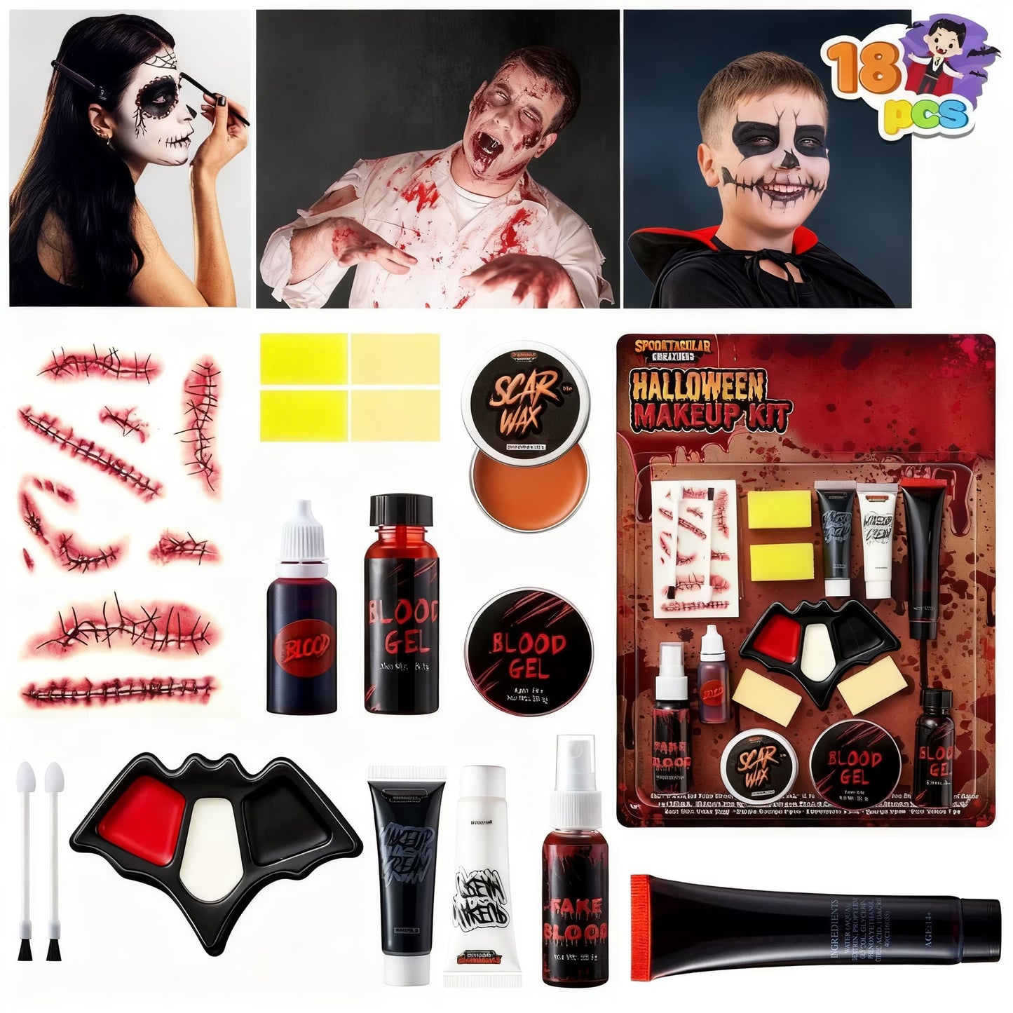 18 Pcs Halloween Makeup Kit,Halloween Family Makeup Set Face Painting Kit with Liquid Blood Gel,Fake Blood and More for Zombie Vampire Cosplay for Adult Kids