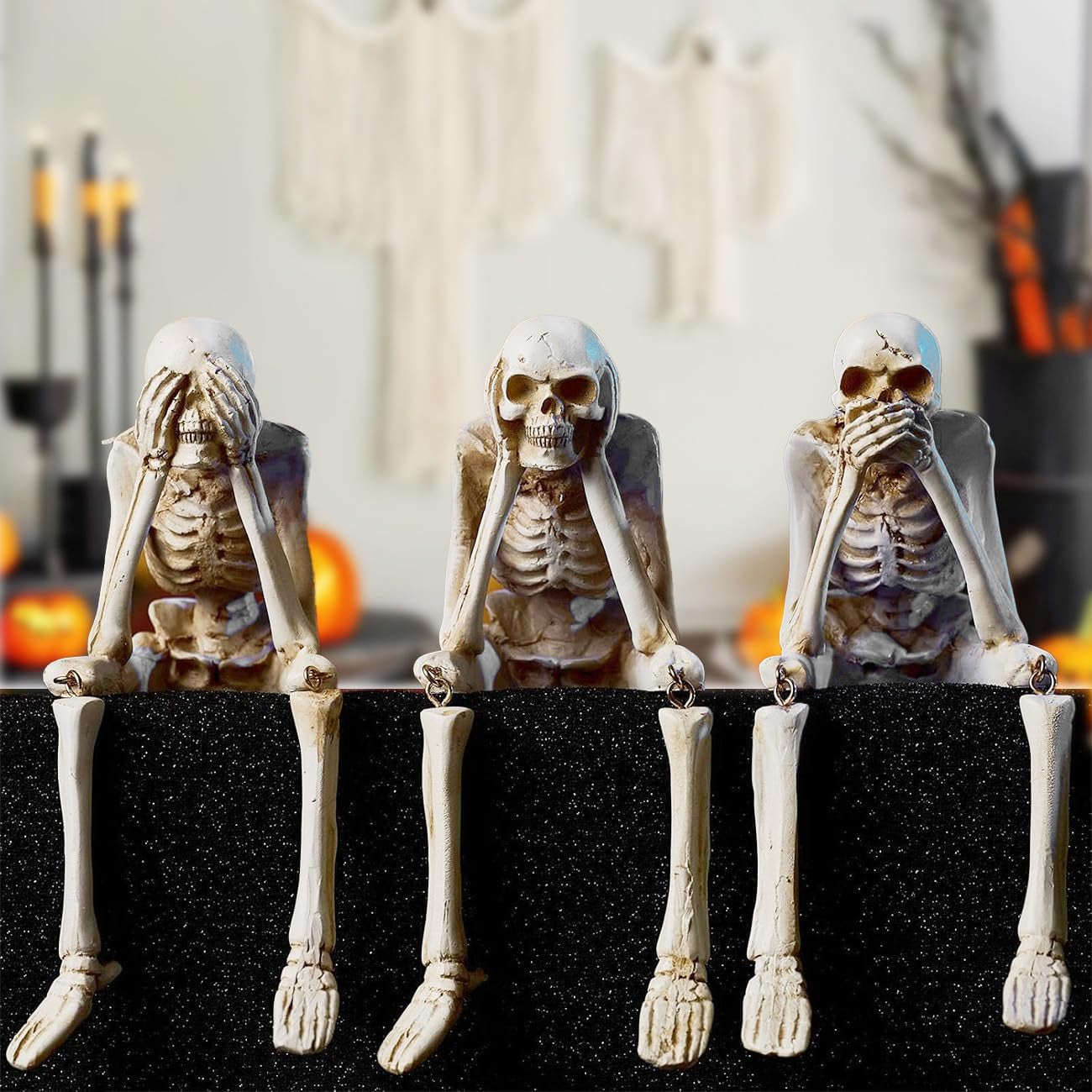 Halloween Decorations Indoor Skeleton Statues See Speak Hear No Evil Figurines F
