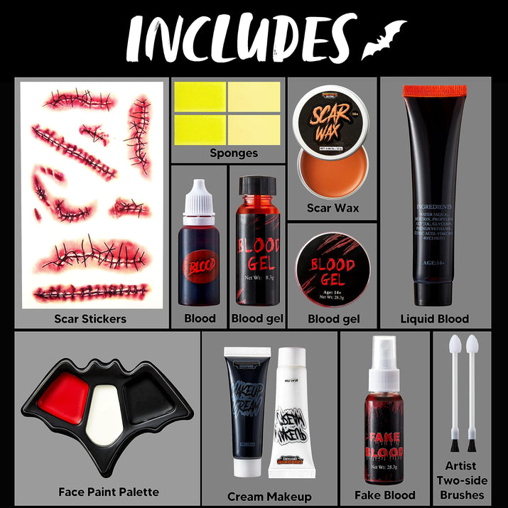 18 Pcs Halloween Makeup Kit,Halloween Family Makeup Set Face Painting Kit with Liquid Blood Gel,Fake Blood and More for Zombie Vampire Cosplay for Adult Kids
