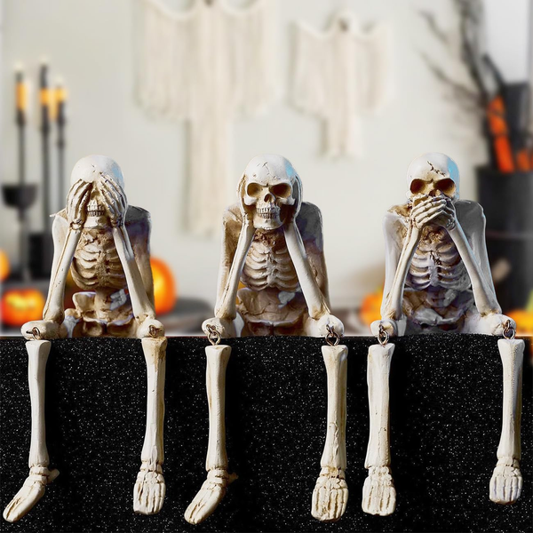 Halloween Decorations Indoor Skeleton Statues See Speak Hear No Evil Figurines F